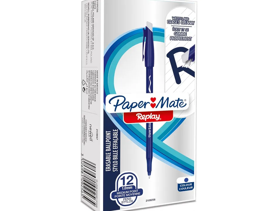 Stylo-bille paper mate replay colors gommmable pointe moyenne 1,0mm trace 0,8mm coloris bleu