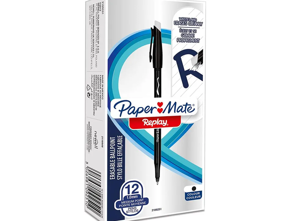 Stylo-bille paper mate replay colors gommmable pointe moyenne 1,0mm trace 0,8mm coloris noir