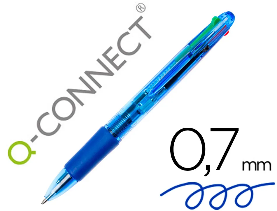 Stylo-bille q-connect 4 couleurs écriture moyenne 0.7mm corps translucide bleuté encre classique noir bleu rouge vert