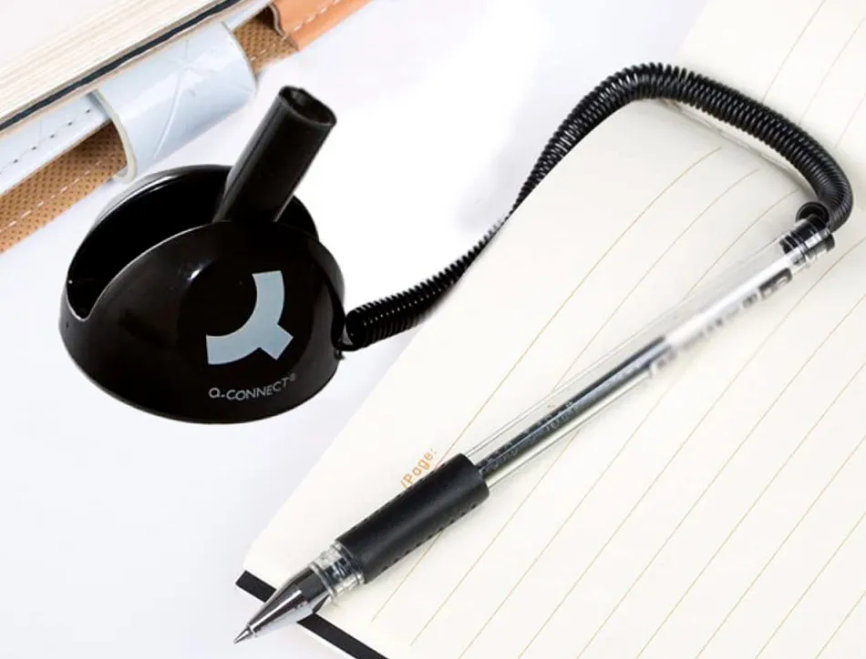 Stylo-bille q-connect sur socle support adhésif chaîne plastique trait 0.7mm encre bleue