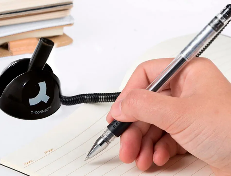 Stylo-bille q-connect sur socle support adhésif chaîne plastique trait 0.7mm encre bleue