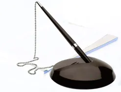 Stylo-bille q-connect sur socle plastique lesté chaînette nickelée rechargeable 4 recharges encre bleue