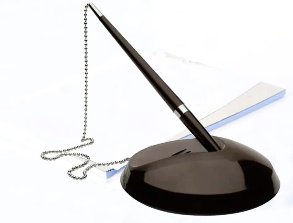 Stylo-bille q-connect sur socle plastique lesté chaînette nickelée rechargeable 4 recharges encre bleue
