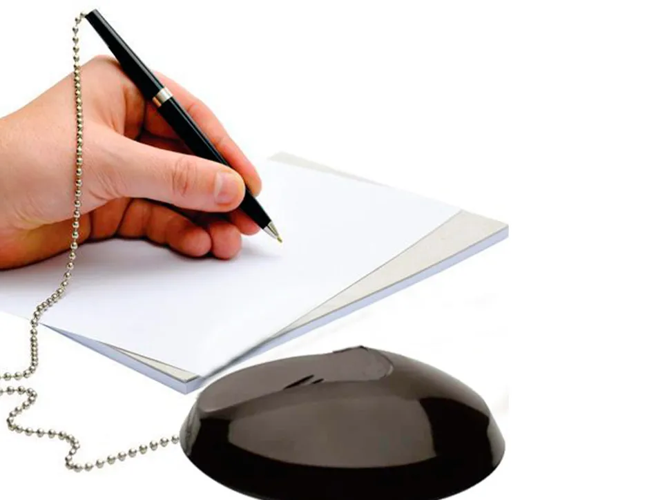 Stylo-bille q-connect sur socle plastique lesté chaînette nickelée rechargeable 4 recharges encre bleue