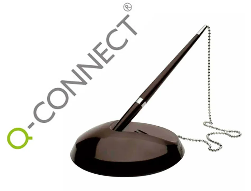 Stylo-bille q-connect sur socle plastique lesté chaînette nickelée rechargeable 4 recharges encre bleue