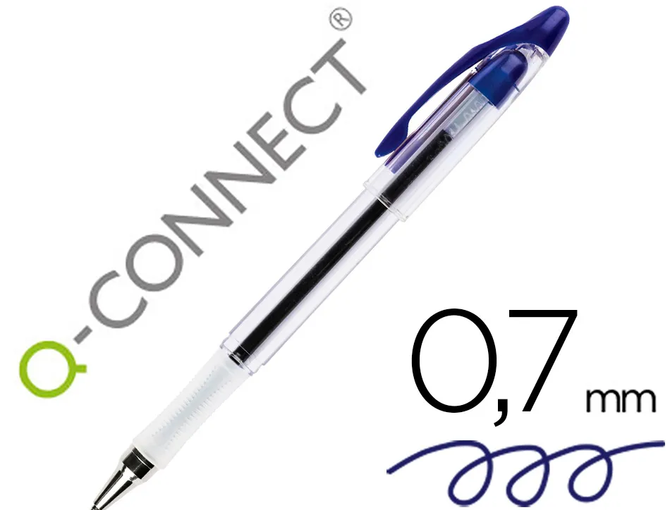 Stylo-bille q-connect transparent trait 0.4mm pointe moyenne 0.7mm encre douce grip caoutchouc coloris bleu