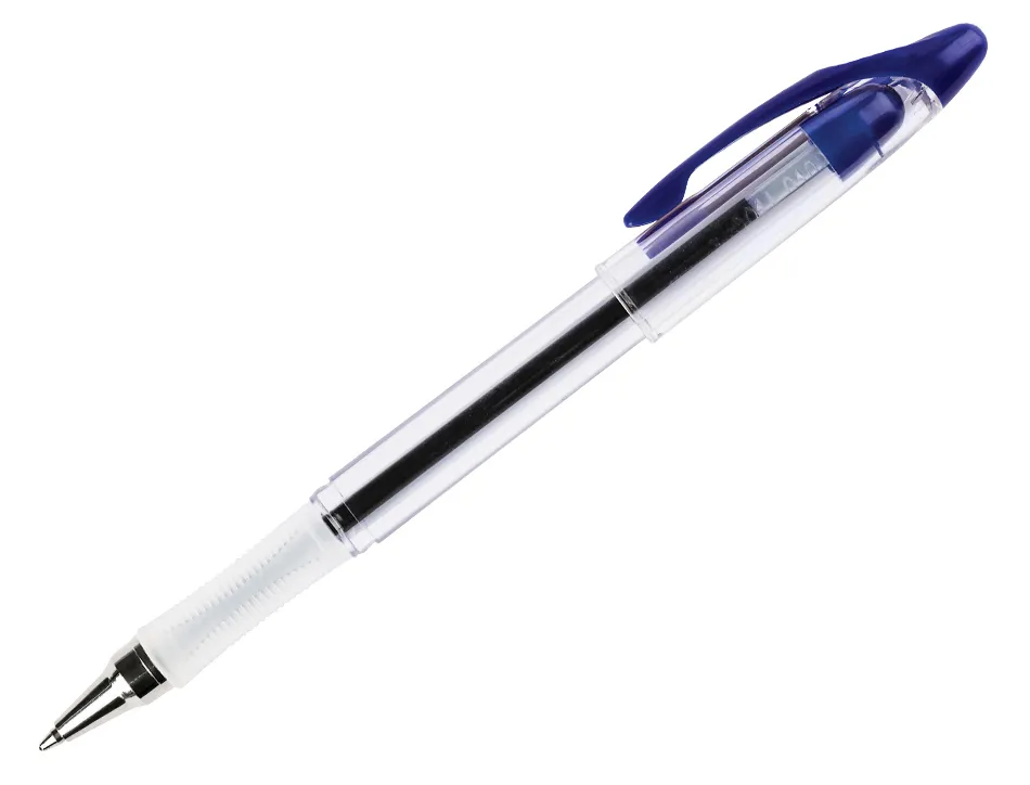 Stylo-bille q-connect transparent trait 0.4mm pointe moyenne 0.7mm encre douce grip caoutchouc coloris bleu