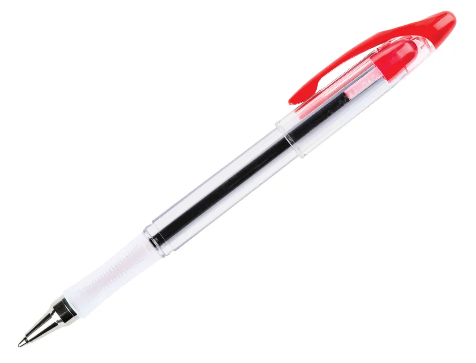 Stylo-bille q-connect transparent trait 0.4mm pointe moyenne 0.7mm encre douce grip caoutchouc coloris rouge
