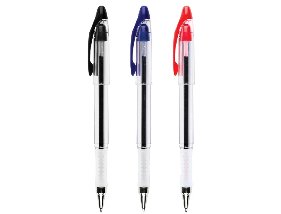 Stylo-bille q-connect transparent trait 0.4mm pointe moyenne 0.7mm encre douce grip caoutchouc coloris rouge