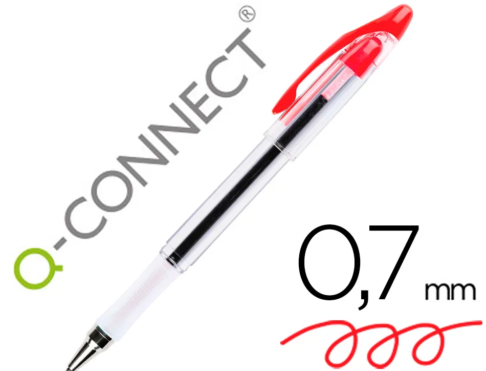 Stylo-bille q-connect transparent trait 0.4mm pointe moyenne 0.7mm encre douce grip caoutchouc coloris rouge