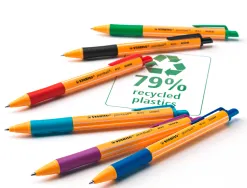 Stylo-bille stabilo pointball plastique recyclé 3500m d'écriture rechargeable rétractable grip antidérapant bleu