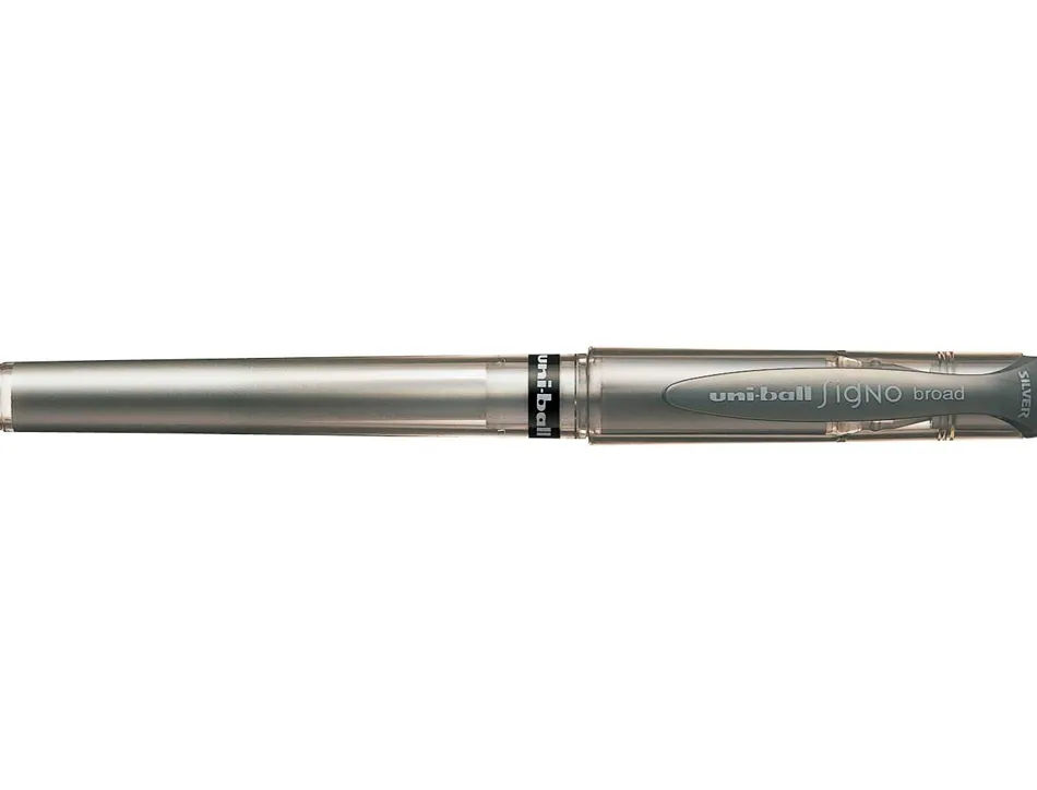 Stylo-bille uniball signo broad écriture large 0.8mm pointe 1mm grip caoutchouc encre gel résistant eau lumière argent