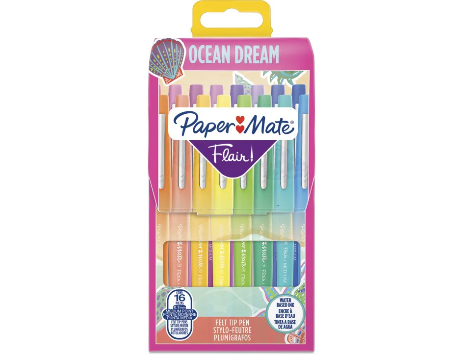Stylo-feutre paper mate flair original ocean dream pointe moyenne 0,7mm coloris assortis pochette 16 unites