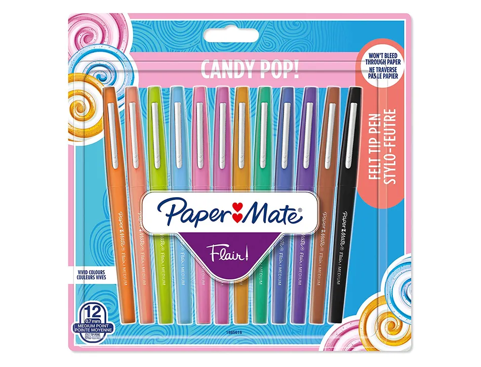 Stylo-feutre paper mate flair original pointe moyenne 1mm longue durée de vie candy pop - 12 pochettes de 12 feutres