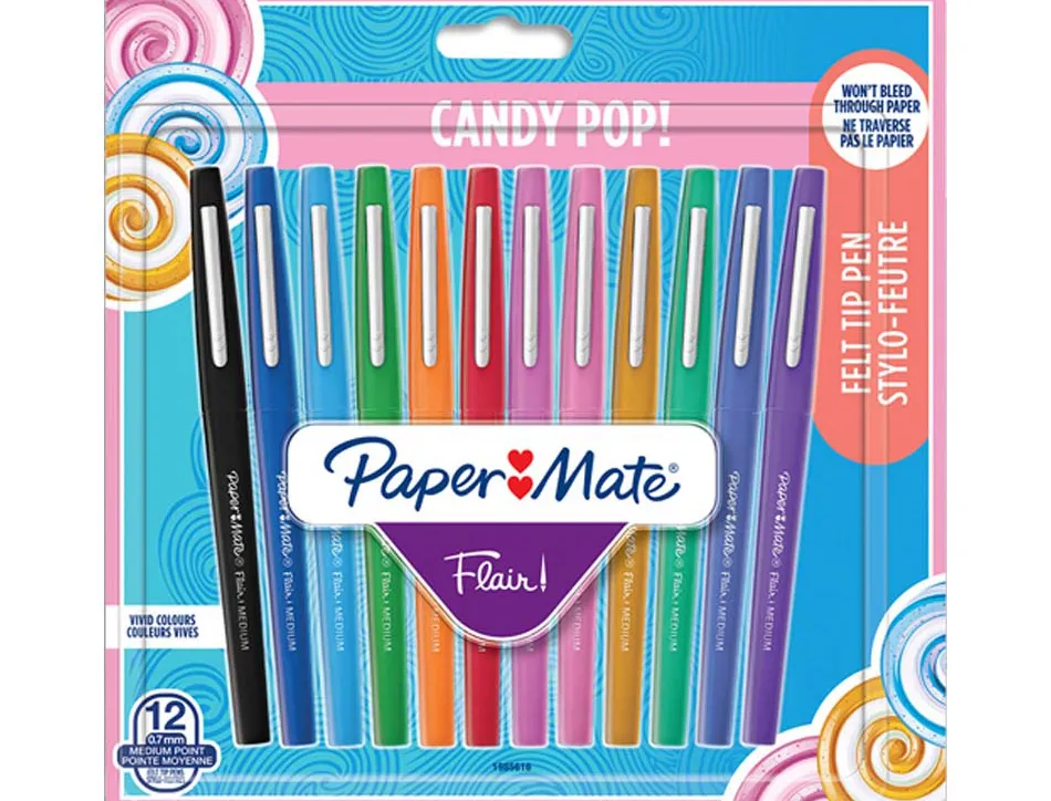 Stylo-feutre paper mate flair original pointe moyenne 1mm longue durée de vie candy pop - 12 pochettes de 12 feutres