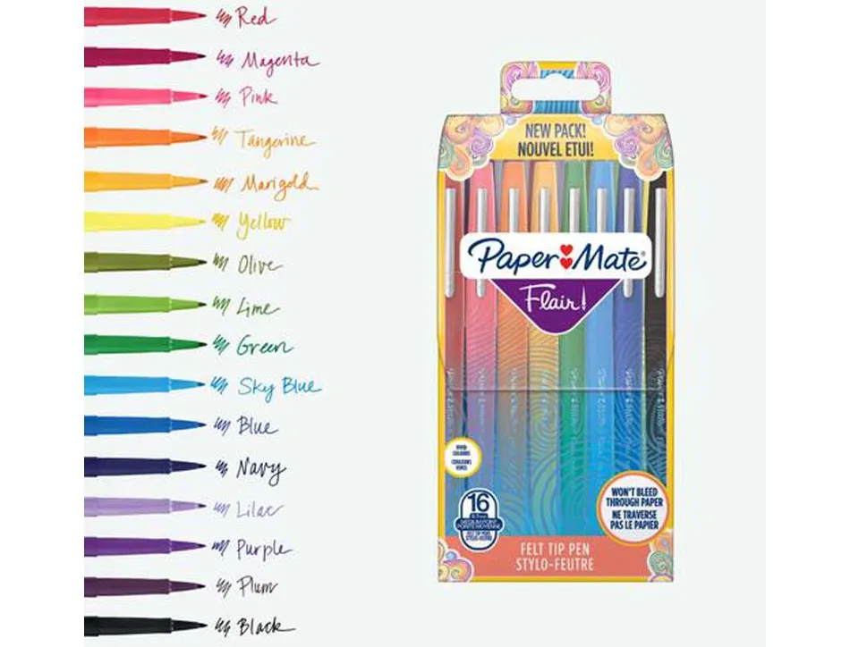 Stylo-feutre paper mate flair original pointe moyenne 1mm longue duree de vie clip metal pochette 16 coloris