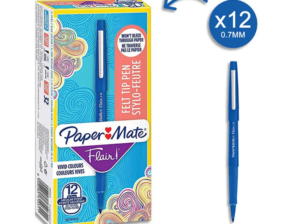 Stylo-feutre paper mate flair original pointe moyenne 1mm longue durée de vie coloris bleu