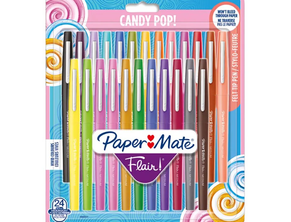 Stylo-feutre paper mate flair original pointe moyenne 1mm longue durée de vie pochette 24 coloris assortis candy pop