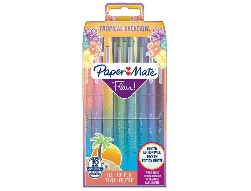 Stylo-feutre paper mate flair tropical pointe moyenne 1mm longue durée de vie pochette 16 coloris assortis