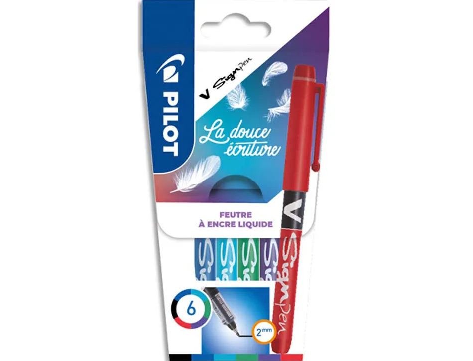 Stylo-feutre pilot v sign pen écriture moyenne 0.6mm pointe fibre polyester encre intense liquide pochette 6 unités