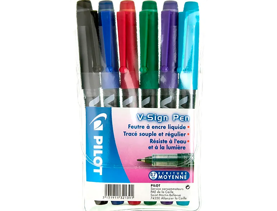 Stylo-feutre pilot v sign pen écriture moyenne 0.6mm pointe fibre polyester encre intense liquide pochette 6 unités