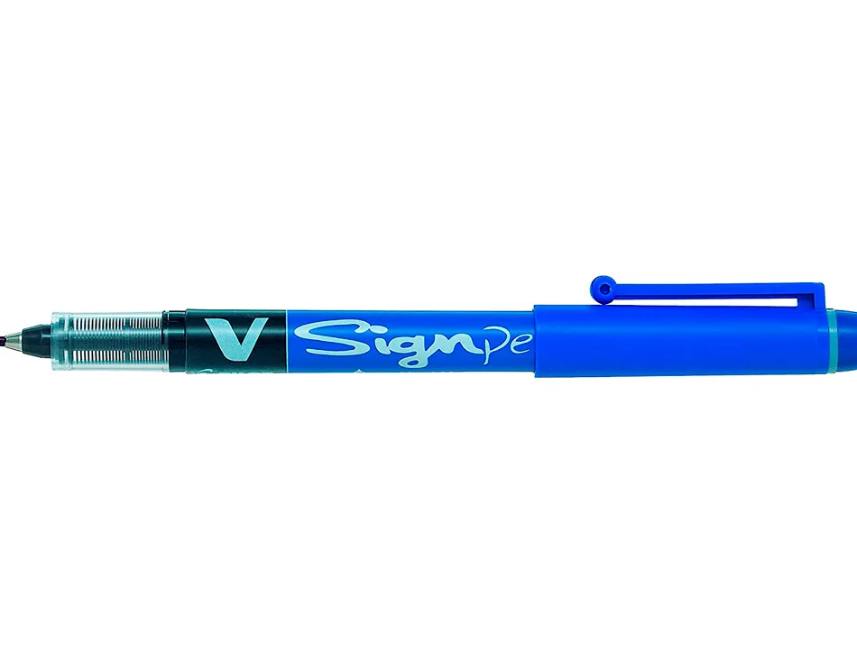 Stylo-feutre pilot v sign pen écriture moyenne 0.6mm pointe fibre polyester encre intense liquide niveau visible bleu