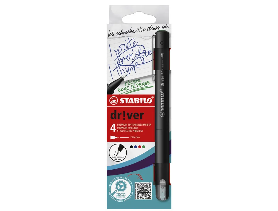 Stylo-feutre stabilo driver pointe fine trait 0,4mm coloris assortis etui carton 4 unites