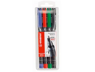 Stylo-feutre stabilo ohp pen permanent pointe moyenne 1mm encre indélébile multi-supports agrafe pochette assortie 4u