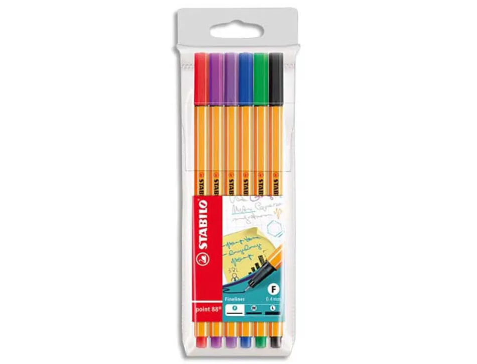 Stylo-feutre stabilo point 88 écriture fine 0.4mm 1000m pointe gainée métal pochette 6 coloris assortis