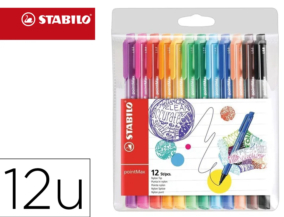 Stylo-feutre stabilo pointmax pointe moyenne ecriture 0,8mm coloris assortis pochette 12 unites
