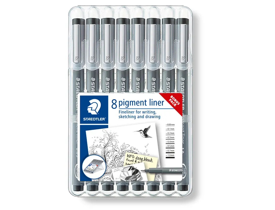 Stylo-feutre staedler pigment liner 308 encre noire clip metal pointes assorties etui 8 unites dont 3 offertes