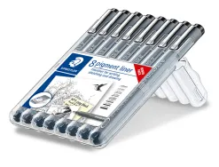 Stylo-feutre staedler pigment liner 308 encre noire clip metal pointes assorties etui 8 unites dont 3 offertes
