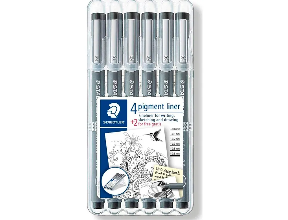 Stylo-feutre staedtler pigment liner technique 0.05mm 0.1mm 0.2mm 0.3mm 0.5mm 0.8mm noire pointe calibrée étui 4+2u