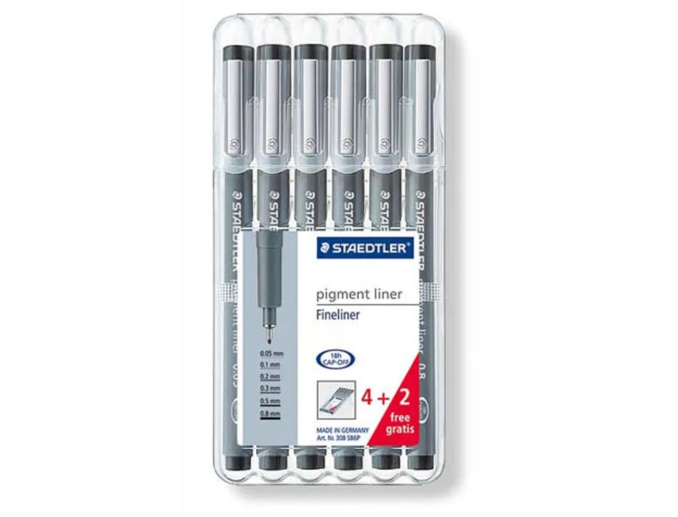 Stylo-feutre staedtler pigment liner technique 0.05mm 0.1mm 0.2mm 0.3mm 0.5mm 0.8mm noire pointe calibrée étui 4+2u