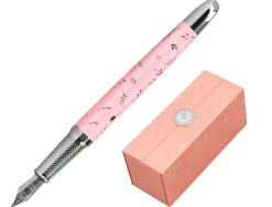 Stylo-plume belius collection1 aluminium encre bleue coloris rose design relief argente boite design