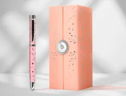 Stylo-plume belius collection1 aluminium encre bleue coloris rose design relief argente boite design