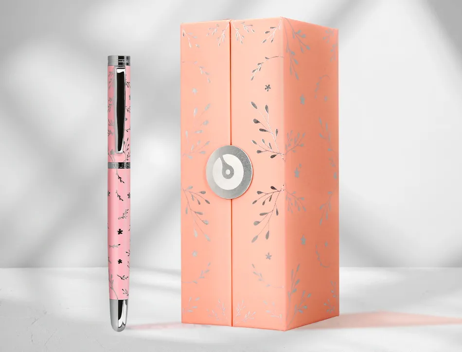 Stylo-plume belius collection1 aluminium encre bleue coloris rose design relief argente boite design
