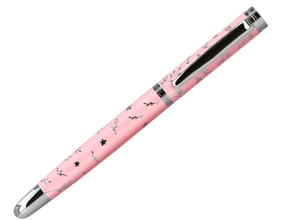 Stylo-plume belius collection1 aluminium encre bleue coloris rose design relief argente boite design