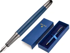 Stylo-plume belius neptuno aluminium texture ondulee attributs gun encre bleue coloris bleu marine dans coffret cadeau