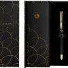 Stylo-plume belius passion aluminium brosse attributs or encre bleue coloris noir dans coffret cadeau