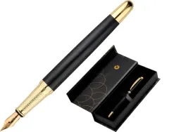 Stylo-plume belius passion aluminium brosse attributs or encre bleue coloris noir dans coffret cadeau