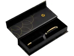 Stylo-plume belius passion aluminium brosse attributs or encre bleue coloris noir dans coffret cadeau