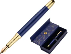 Stylo-plume belius soiree aluminium details et attributs or encre bleue coloris bleu marine dans coffret cadeau