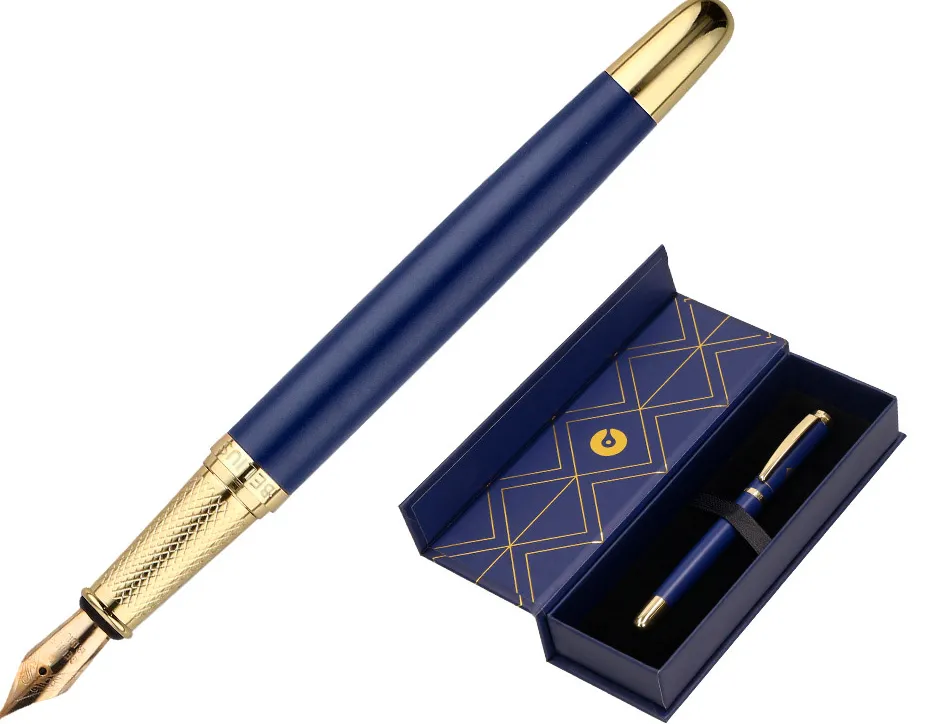 Stylo-plume belius soiree aluminium details et attributs or encre bleue coloris bleu marine dans coffret cadeau