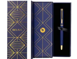 Stylo-plume belius soiree aluminium details et attributs or encre bleue coloris bleu marine dans coffret cadeau