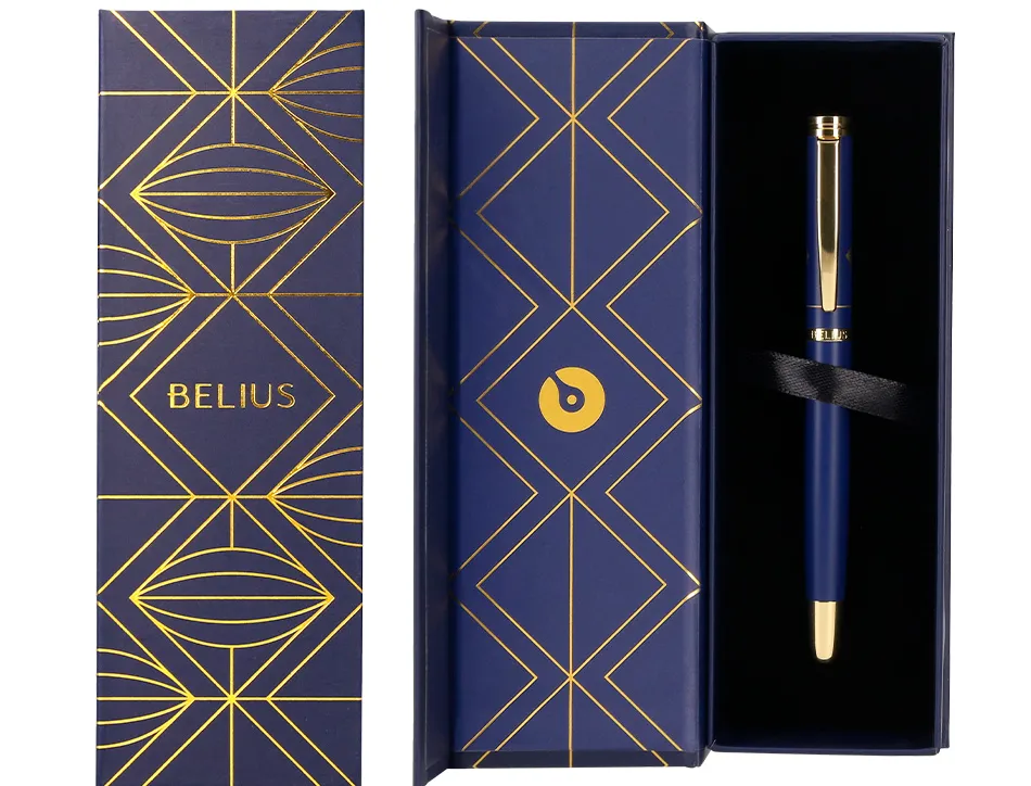 Stylo-plume belius soiree aluminium details et attributs or encre bleue coloris bleu marine dans coffret cadeau