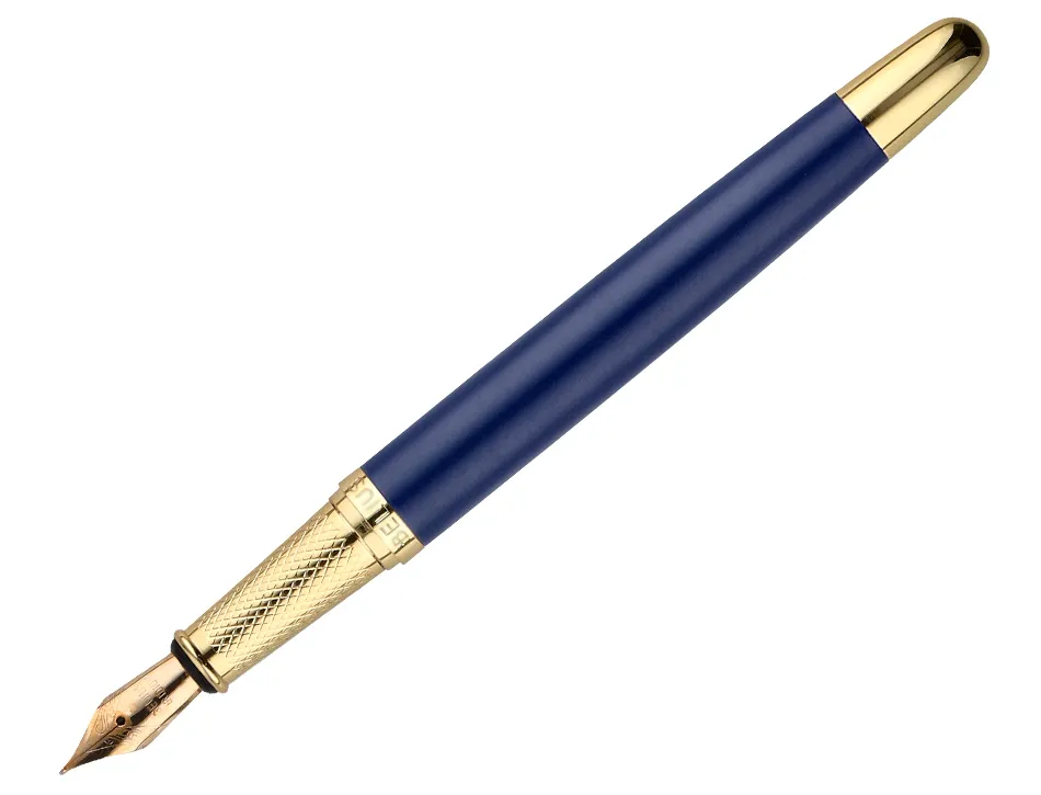 Stylo-plume belius soiree aluminium details et attributs or encre bleue coloris bleu marine dans coffret cadeau