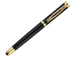 Stylo-plume belius soiree aluminium details et attributs or encre bleue coloris noir dans coffret cadeau
