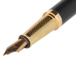 Stylo-plume belius soiree aluminium details et attributs or encre bleue coloris noir dans coffret cadeau