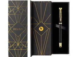 Stylo-plume belius soiree aluminium details et attributs or encre bleue coloris noir dans coffret cadeau